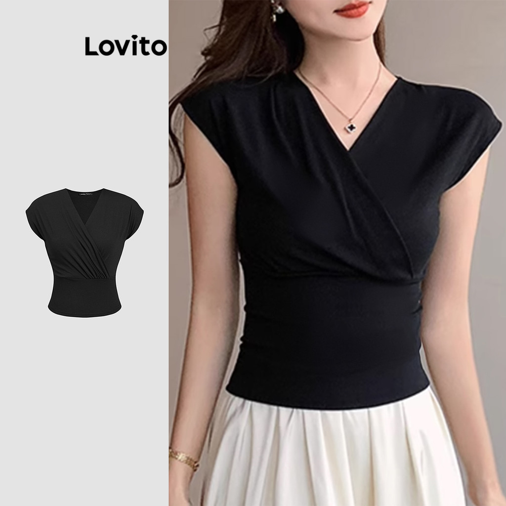 Lovito Camiseta casual lisa drapeada para mulheres L112ED301 - Women Clothes