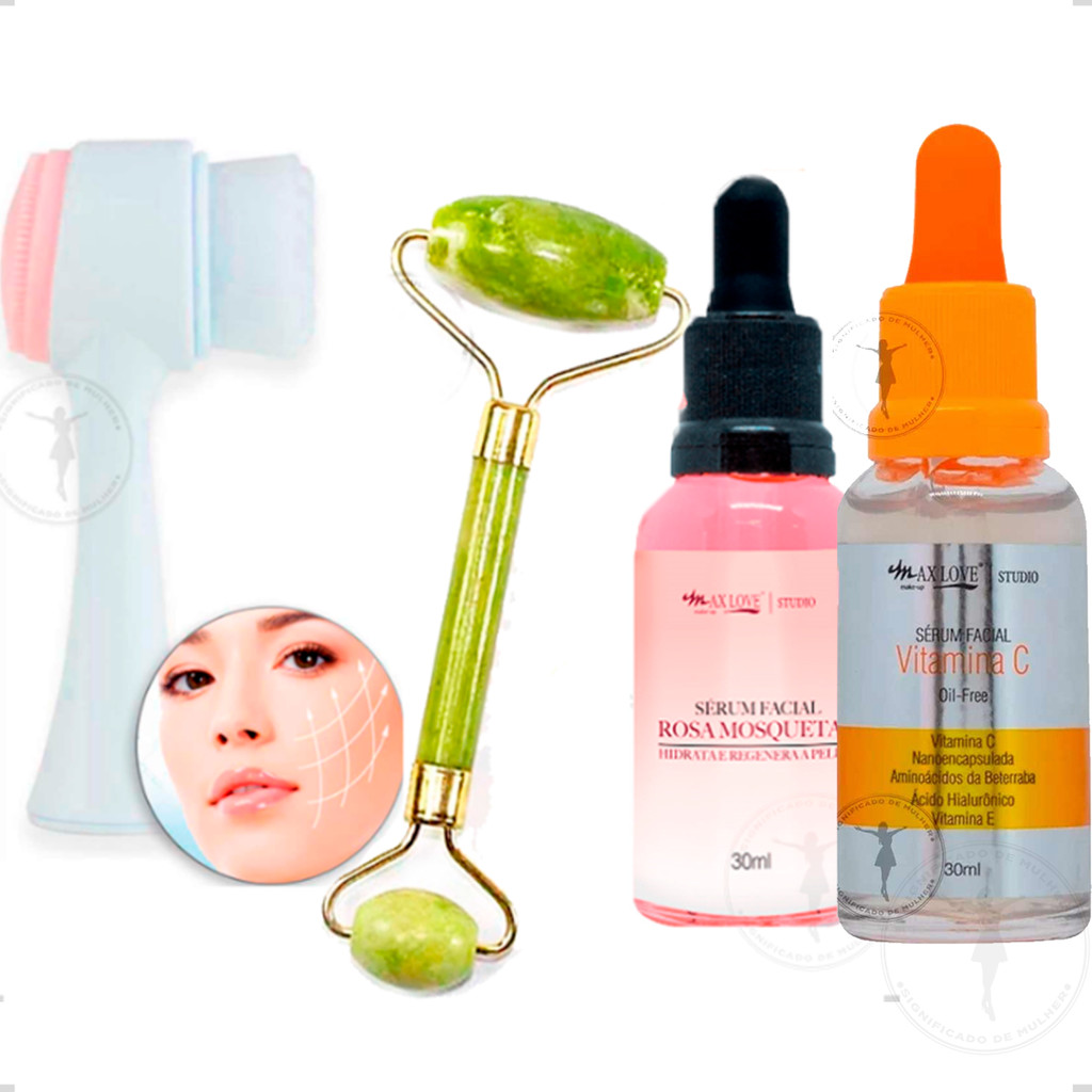Kit SkinCare Rosa Mosqueta Original +Sérum Vitamina C + Massageador Pedra De Jade E Escova Skincare