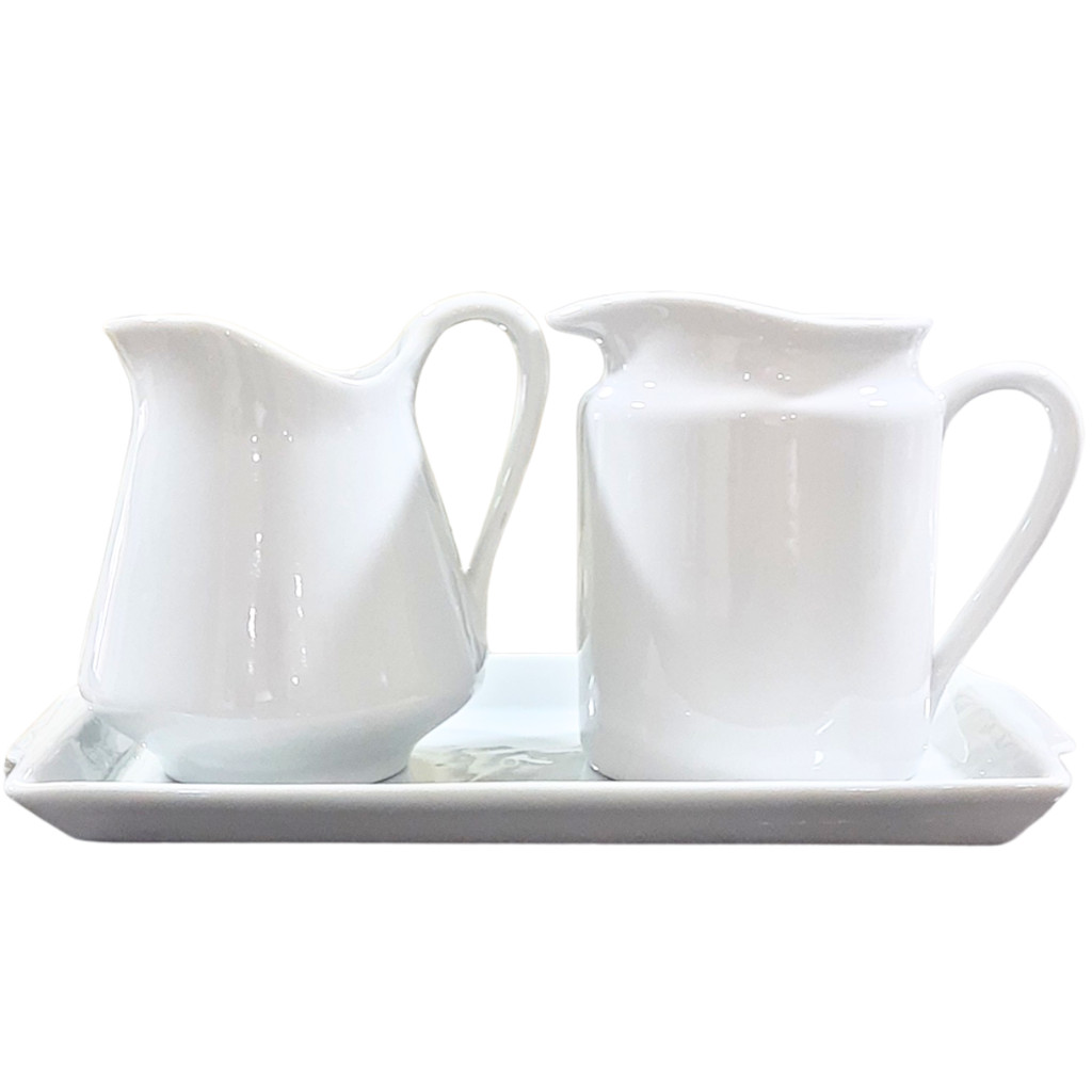 Jogo Café e Chá Mesa Posta, Bandeja + Jarra Leiteira 740ml + Jarra Suco 800ml - Kit Porcelana Branca