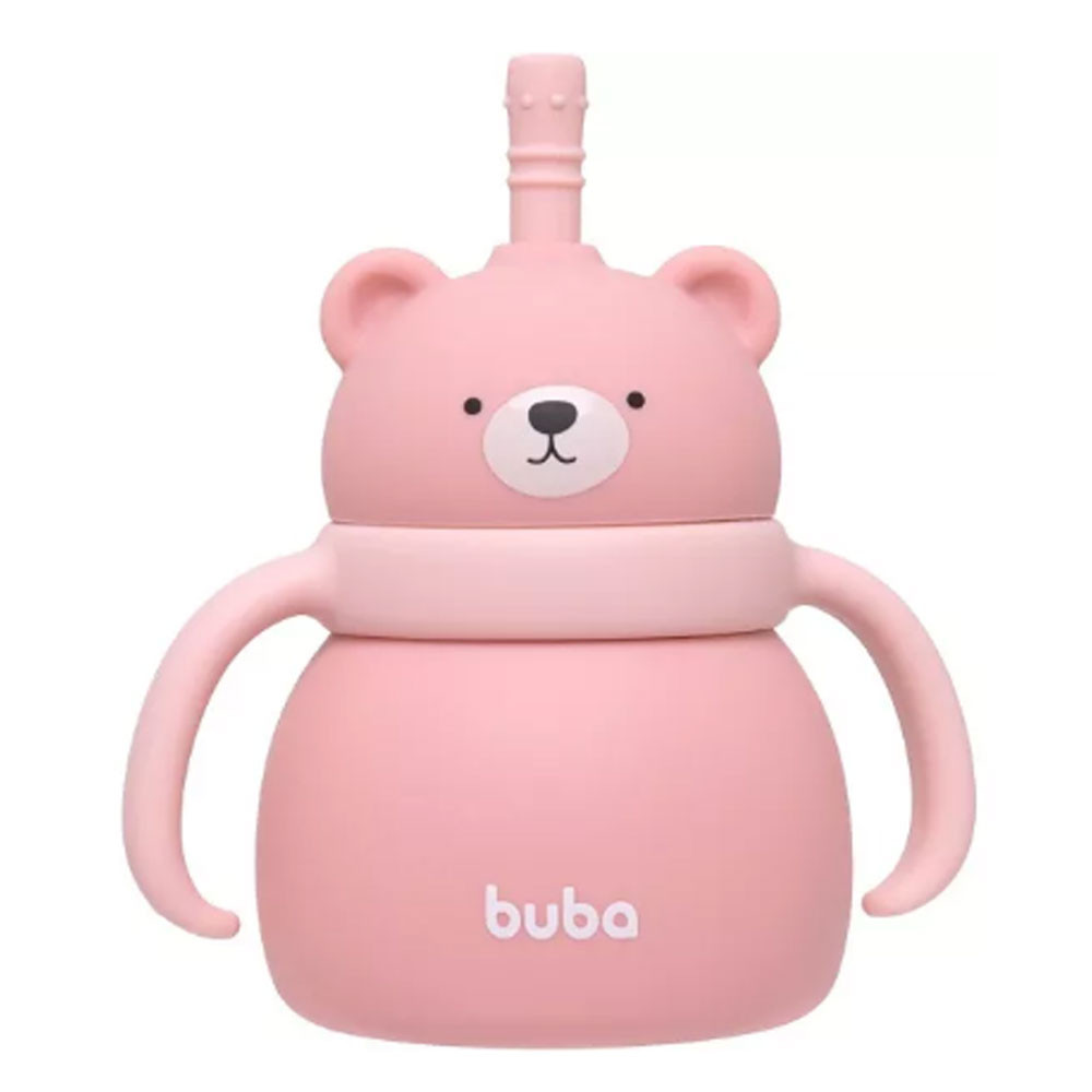 Copo De Silicone Com Canudo Urso Buba Rosa