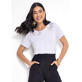 Blusa Com Bordados Em Ramos Branco Quintess em Oferta na Shopee