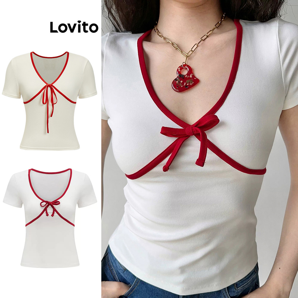 Lovito Camiseta Casual Primavera/Verão Com Encadernação Contrastante Para Mulheres L80ED119 (Multi-color) - Women Clothes