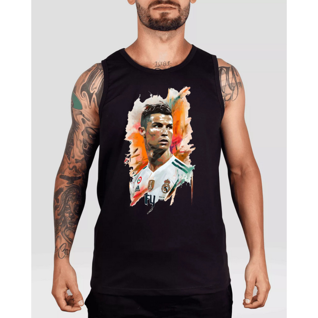 Camiseta Regata Cristiano Ronaldo Real Futebol Robozão CR7 Masculina Tecido Algodão Camisa Cavada Masculino