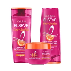 Kit Elseve Liso Dos Sonhos AHA + Queratina Vegetal Shampoo 200ml + Condicionador 200ml + Creme tratamento (3 produtos)