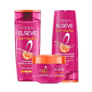 Kit Elseve Liso Dos Sonhos AHA + Queratina Vegetal Shampoo 200ml + Condicionador 200ml + Creme tratamento (3 produtos) em Oferta na Shopee