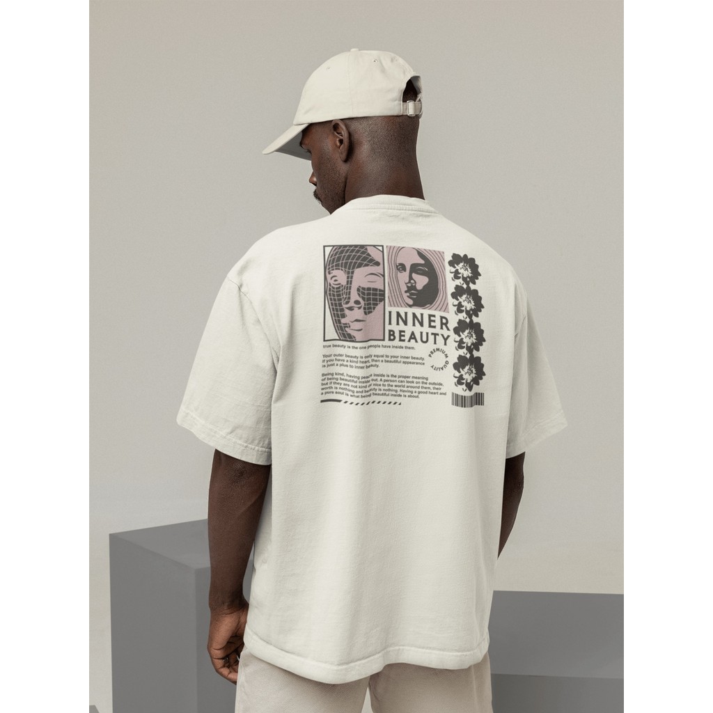 Camisa Camiseta Oversized Gola Alta Streetwear Masculino e Feminino 100% Algodão Preto e Off Whte Estampado-INNER BEAUTY