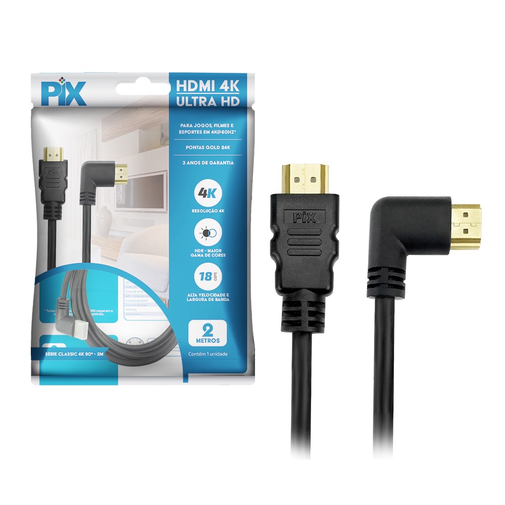 Cabo Hdmi 2M 90º 2.0 4k Ultra Hd 3d 2160p Plug L 90 Graus