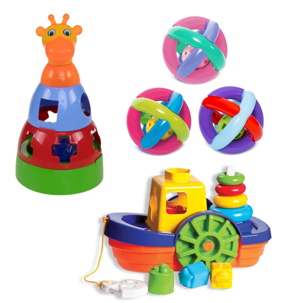 Kit Barco Encaixar Pedagógico+Bola Maluquinha Bebê+Girafa Empilhar Didático