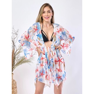 Saida de Praia Curta Estampada Tule Arrastão Babados