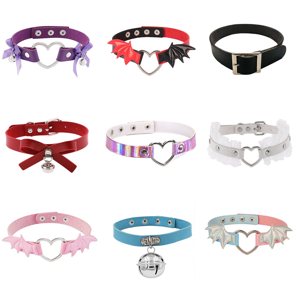 Novo Punk Style Love Heart Wing Choker Necklaces Para Mulheres Colar De Sino De Couro PU Jóias De Festa