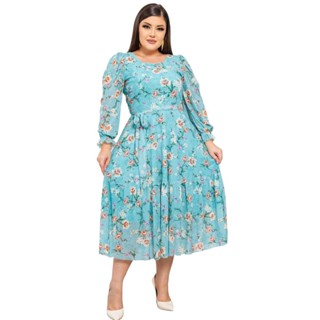 Vestidos Moda Evangélica Faixa Laço Godê Estampado Forrado