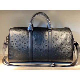 Venda A Quente Série Keepall Monograma Em Relevo Homens Revestidos Com Couro Preto 50cm Saco De Bagagem Duffel