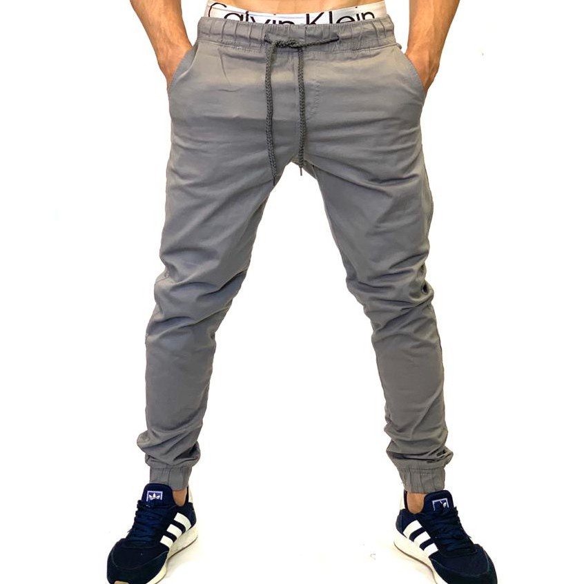 calça jeans jogger masculina cinza com púnho elastico slim