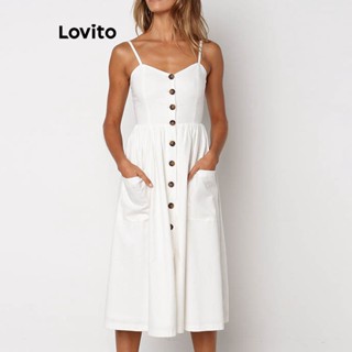 Lovito Vestido Feminino Casual Com Bolso Frontal E Botão Liso LNL35093 (Branco)