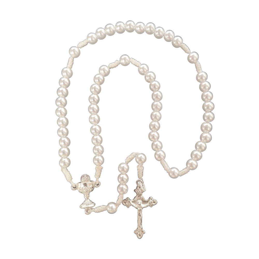 Terço de Primeira Comunhão Pérola no Cordão Branco em Oferta na Shopee