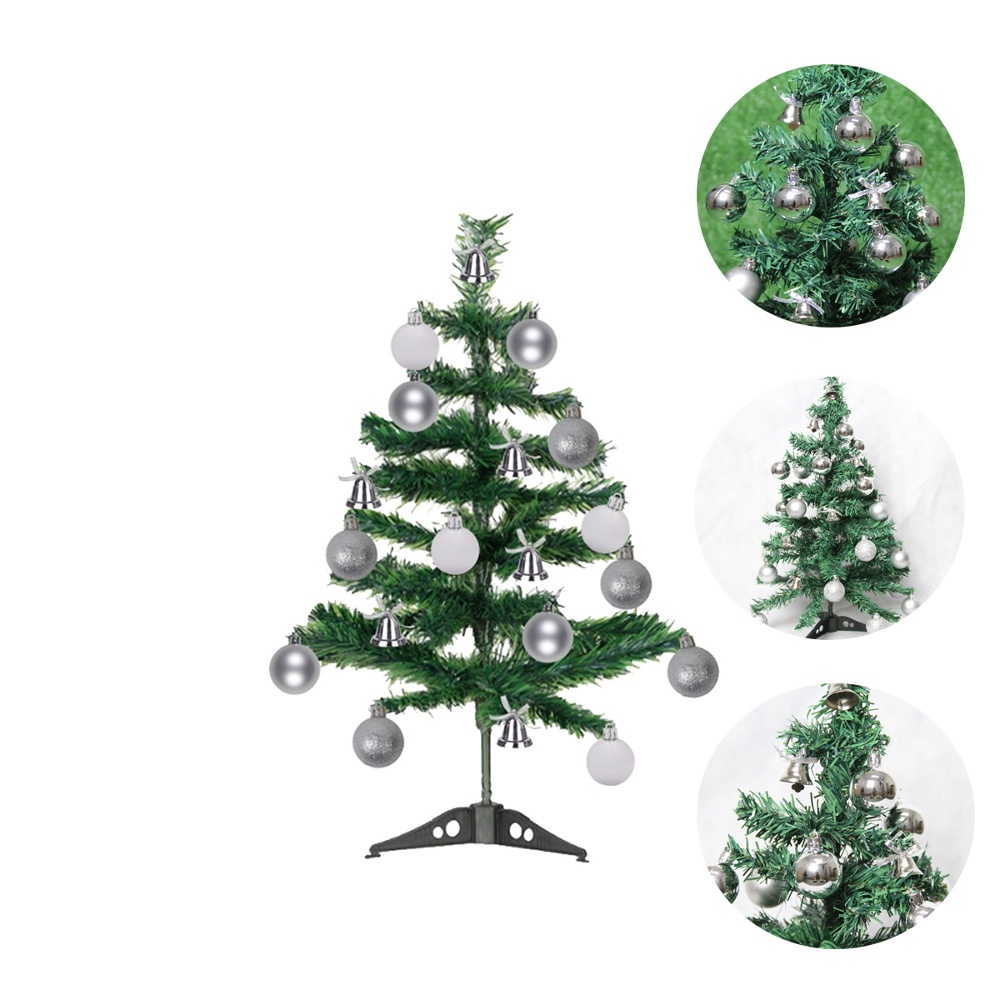Árvore De Natal 60cm P/ Mesa Decorada 61 Galhos Enfeites Prateados Bolinhas E Sinos