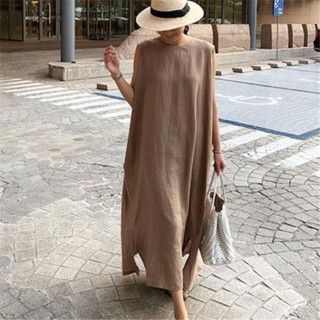 Vestido De Colete De Linho De Algodão Solto 2023 Verão Gola Redonda Sem Mangas Longo