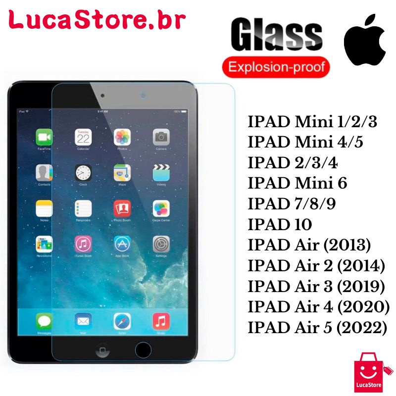 Pelicula De Vidro 9H Temperado Para Todos Os Modelos IPAD Mini 1/2/3/ IPad Mini 4/5/ IPad 2/3/4/ IPad Mini 6/ IPad 7/8/9/ IPad 10/ Air (2013)/ Air 2 (2014)/ Air 3 (2019)/ Air 4 (2020)/ Air 5 (2022)
