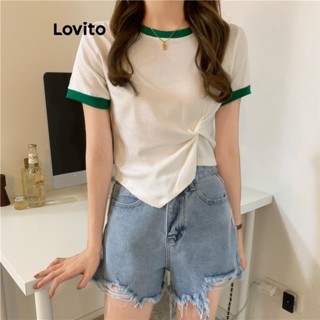Lovito Camiseta Feminina Plissada Casual Patchwork Contrastante LNE43268