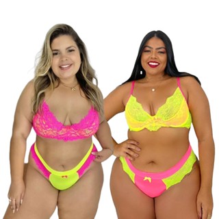 Kit 2 Lingerie Plus Size Neon com Aro Renda Sensual Moda Conjunto Plussize Regulagens em Metal Sacoleira