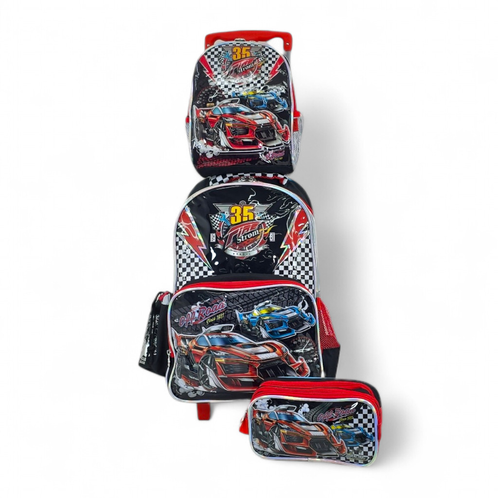 Kit mochila rodinha juvenil adolescente escolar lancheira estojo carros fire Storm stock car