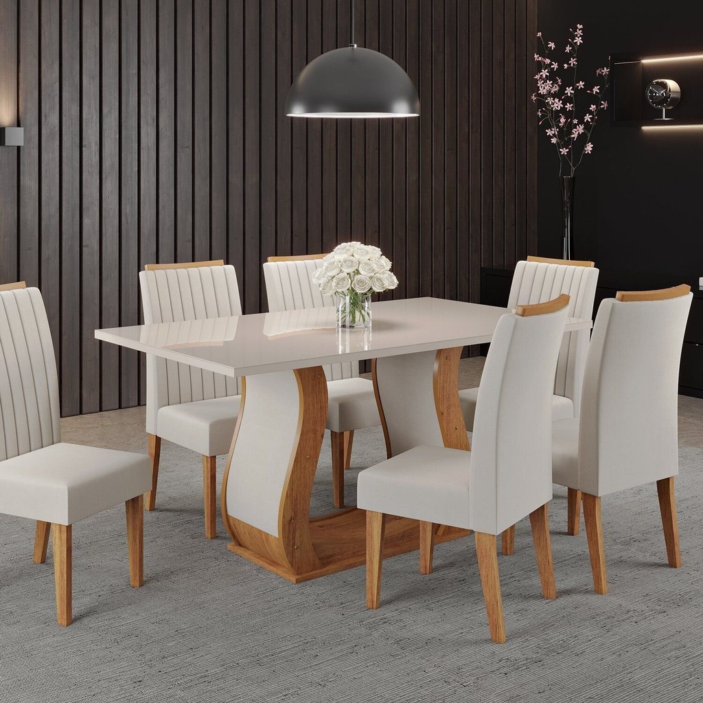 Conjunto Mesa de Jantar Retangular Manuela 160cm X 80cm sem Vidro e 6 Cadeiras Marfim/Off White em Oferta na Shopee