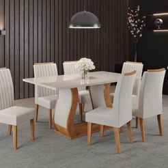 Conjunto Mesa de Jantar Retangular Manuela 160cm x 80cm sem Vidro e 6 Cadeiras Yescasa Bege/Marfim/Off White Marfim/Off