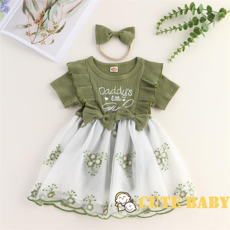 Eph-Vestido Infantil para Meninas Manga Curta Laço Flor Corte A Macacão com Faixa na Cabeça,0-24 Meses em Oferta na Shopee