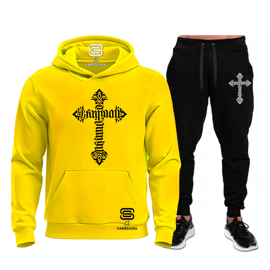 Conjunto Moletom crucifixo tribal Fé  Moda Cristã Casaco Blusa De Frio + Calça  moleton canguru com bolso e capuz