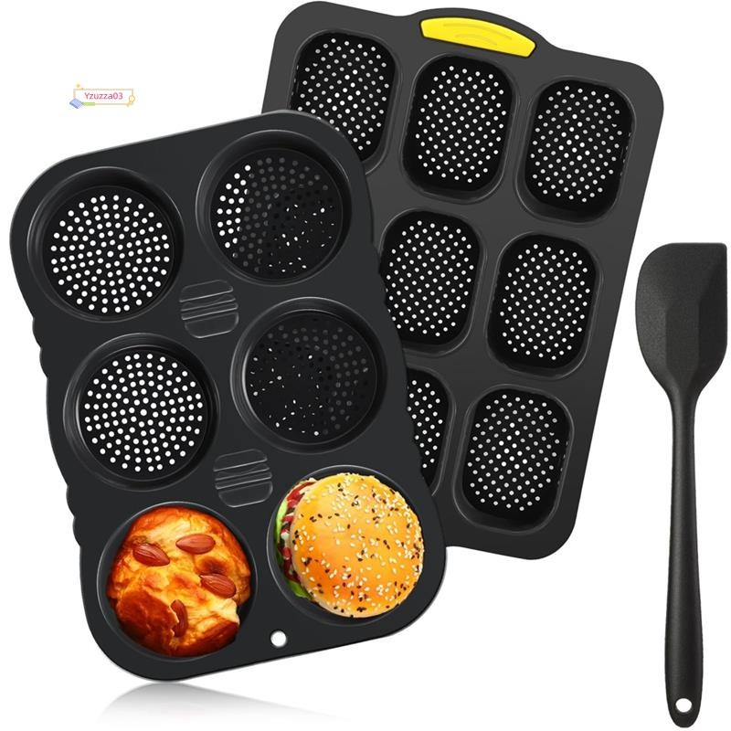 Forma De Pão Francês De Silicone E De Hambúrguer Conjunto Com Espátula Antiaderente 9 Copos Bandeja De Cozimento 6 Molde