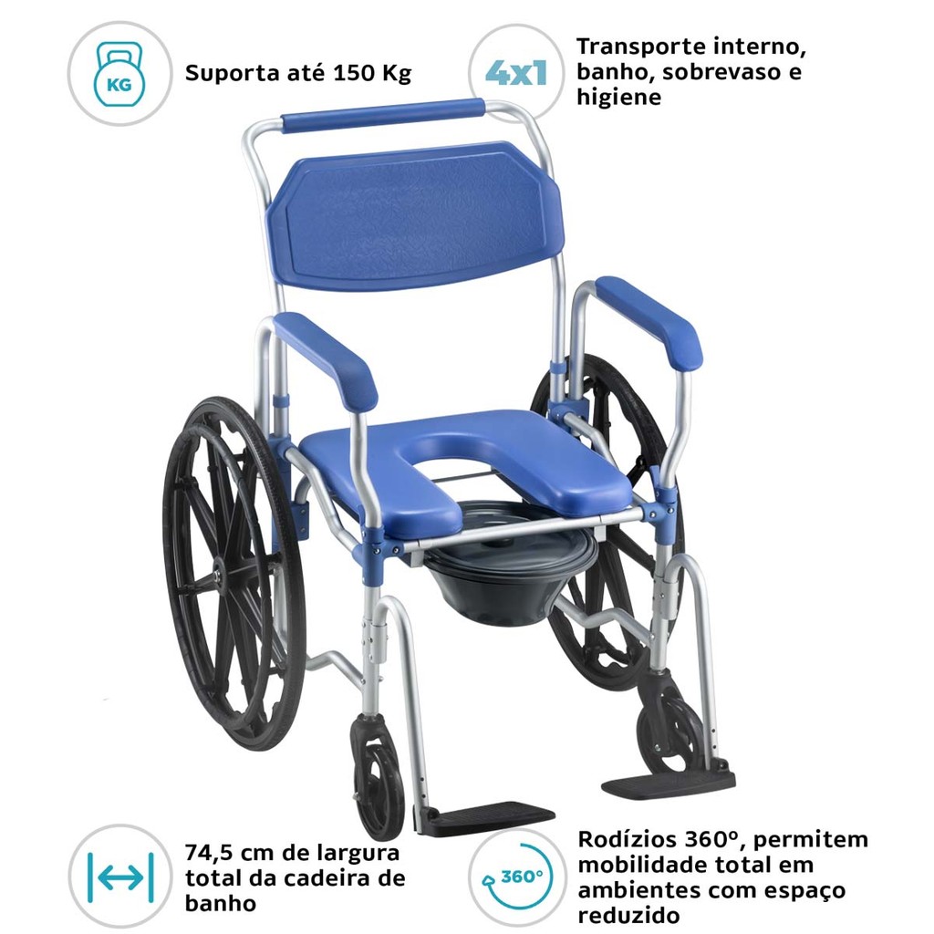 Cadeira de Banho 150kg Com Aro Propulsão Alumínio Dellamed