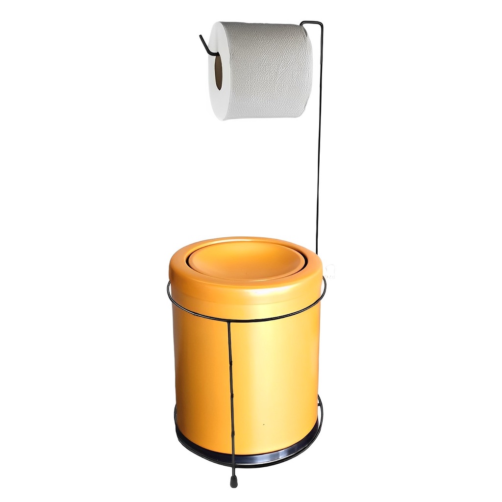 Kit Suporte Porta Papel Higiênico Chão Com Lixeira 6,3L Basculante Banheiro Preto Dourado Fosco  - CP