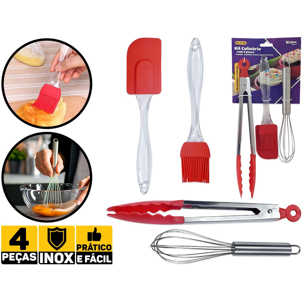Jogo de Utensílios Culinários 4 Peças Espátula Pegador Mexedor Western KC-345 em Oferta na Shopee