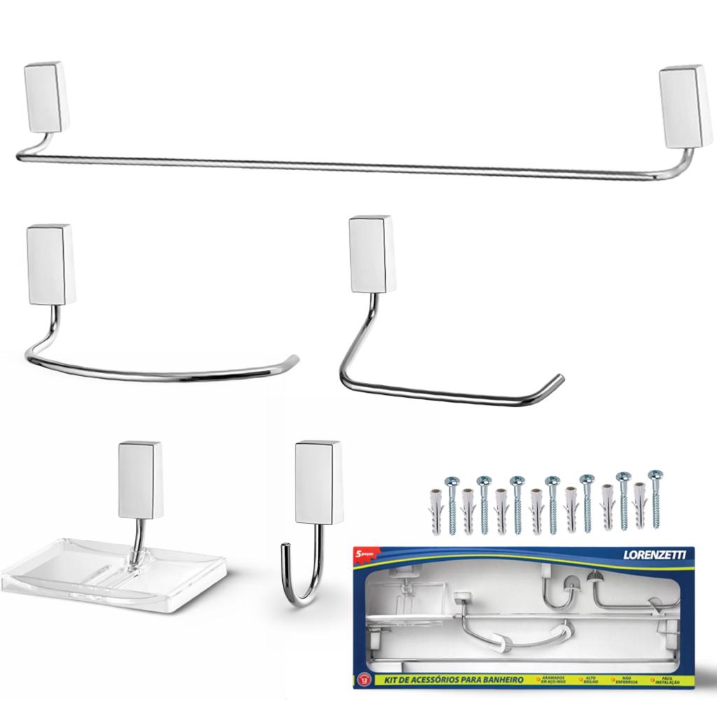Kit Acessório Banheiro Lorenzetti 5pcs C30 Saboneteira, Cabide,  Papeleira, Toalheiro barra, argola