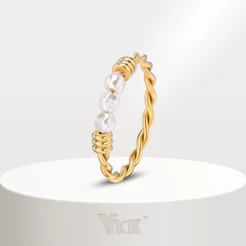 Vnox Irregular Pearl Twisted Ring for Women Girl , Ouro 18K Jóias De Anel De Moda Chic Em Aço Inoxidável