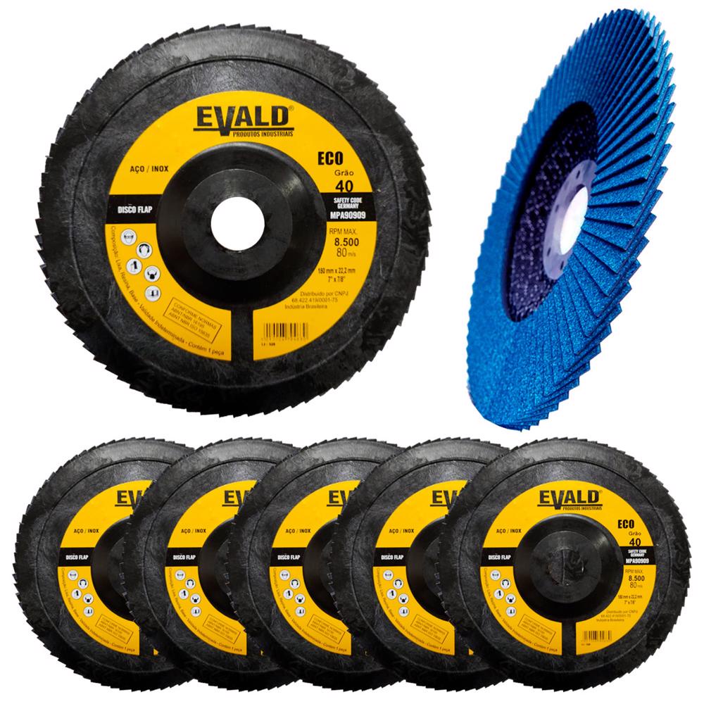 Disco de Lixa Flap Zirconio 7 POL 180 mm Aço Inox Grão 40 Kit 5 Unidades EVALD - Home & Living