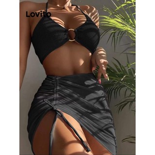 Lovito Conjuntos De Biquíni Sexy Com Cordão Liso Para Mulheres LNL36096 (Branco/Azul/Preto)