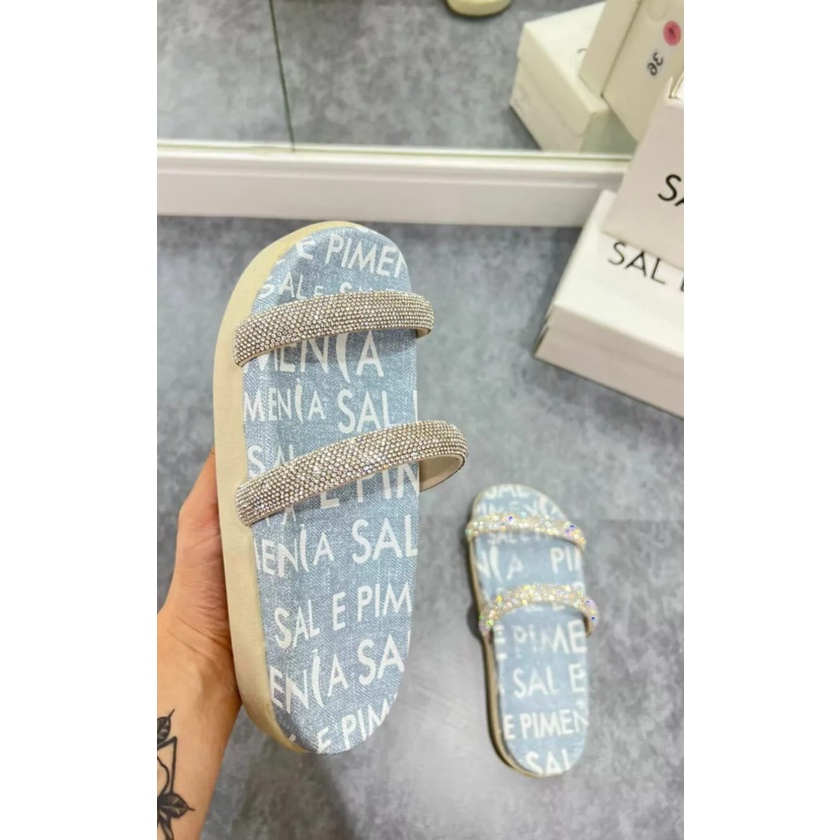 Sandália Feminina Papete Birken Flatform Brilho Strass Luxo Sal e Pimenta