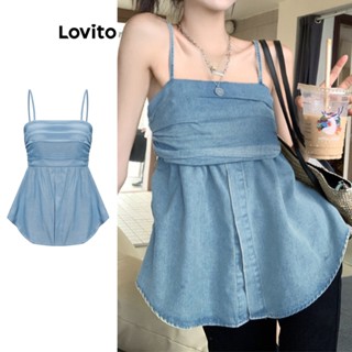 Lovito Casual Lisa Blusa Jeans Feminina Franzida com Fenda Frontal e Babado L65ED087 (Azul)