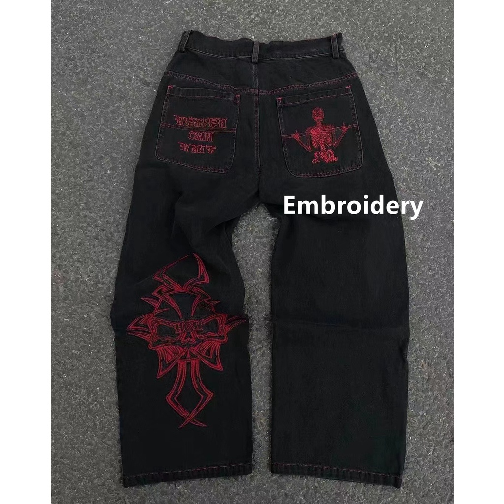 Y2K Jeans Homem Hip Hop Retro Skull Bordado De Crânio Lavado Calça De Ganga Baggy Nova Perna Larga Casual Reta Mmiot