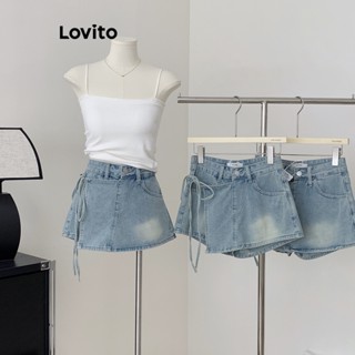 Lovito Shorts Jeans Casual com Bolsos e Amarração para Mulheres LNA17136 (Azul)