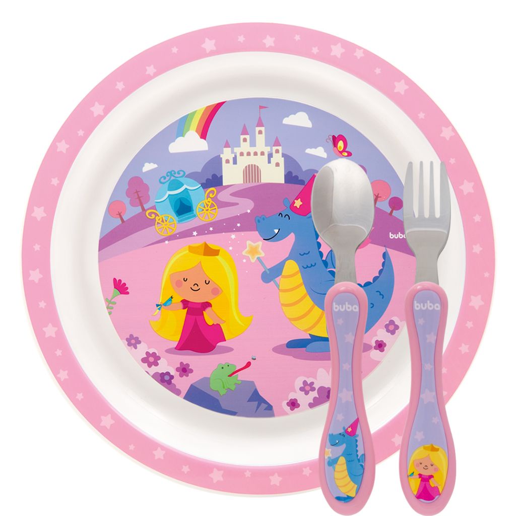 Conjunto Infantil Menina Pratinho E Talheres Rosa Aventuras Princesa Buba 15320 16969