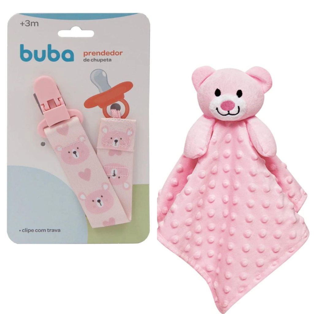Kit Infantil Prendedor De Chupeta E Naninha Rosa Ursinho - Buba em Oferta na Shopee