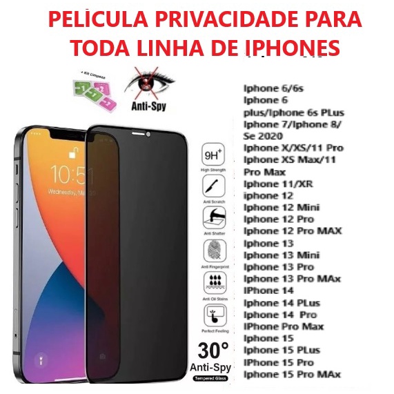 Película Privacidade iPhone 6 6s 6 Plus 7/8, 7/8 Plus, X/XS, XR, 11 Pro Max, 12 12 pro 12 promax 1313 pro max 14 14pro max 15 15 pro 15 pro max em Oferta na Shopee
