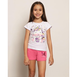 Blusa Infantil Manga Curta Estampa Unicórnio com Glitter Branca