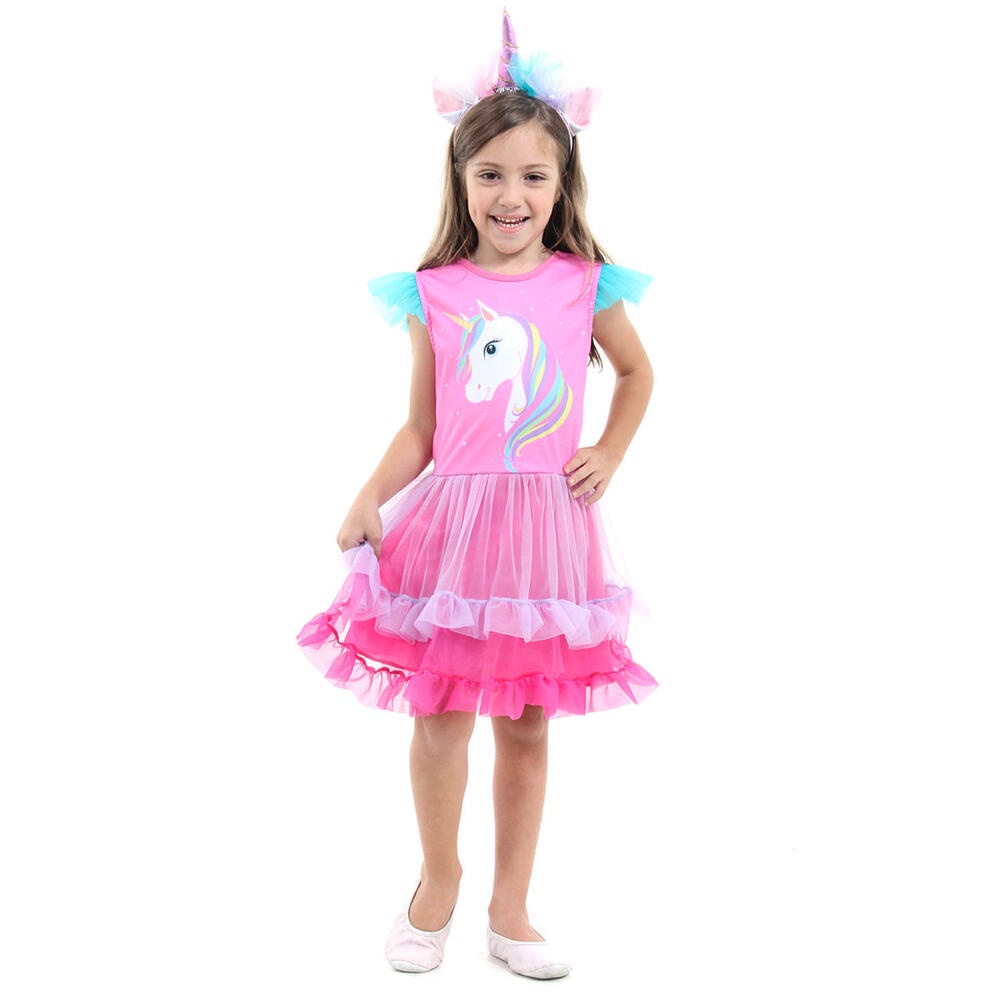 Fantasia Unicórnio Rosa E Azul Vestido Infantil Com Tiara
        