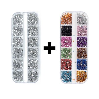 Estojo Kit Strass Prata + Kit Estojo Strass Colorido Para Maquiagem e Nail Art