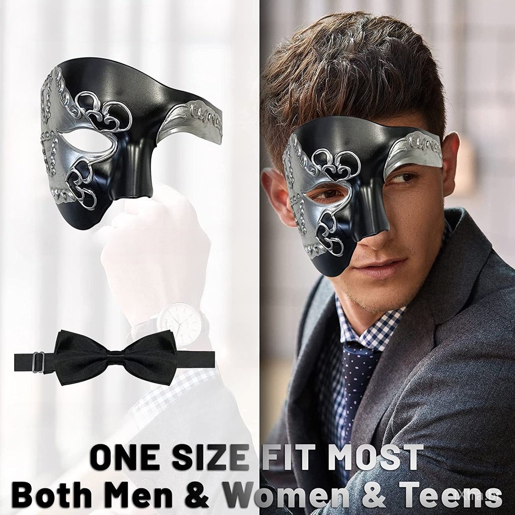 Máscara para Homens Fantasma da Ópera Meia Máscara Facial com Gravata Borboleta, Máscaras Venezianas Vintage para Festas de Traje