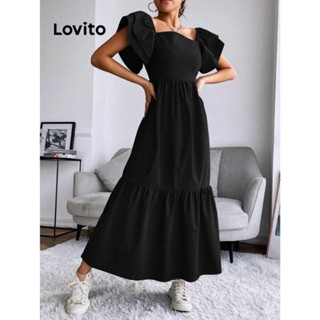 Lovito Casual Vestido Feminino Simples de Camada Dupla de Bainha com Babado LBL07091