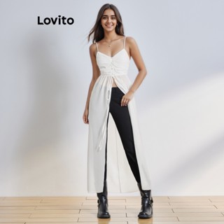 Lovito Elegante Lisa Camiseta Regata Feminina com Fenda, Laço e Botão Frontal L65ED054 (Branca)
